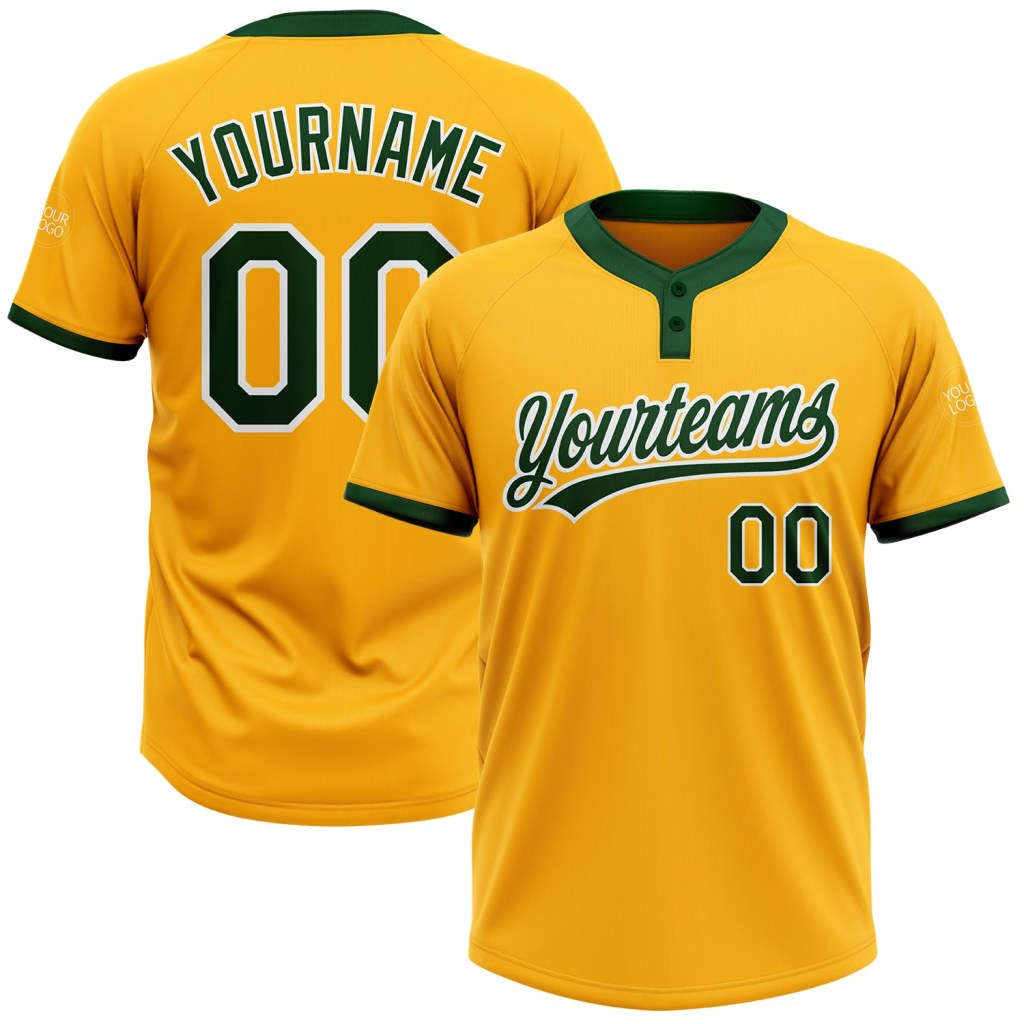 Picture of: Custom Gold Green-White Two-Button Unisex Softball Jersey